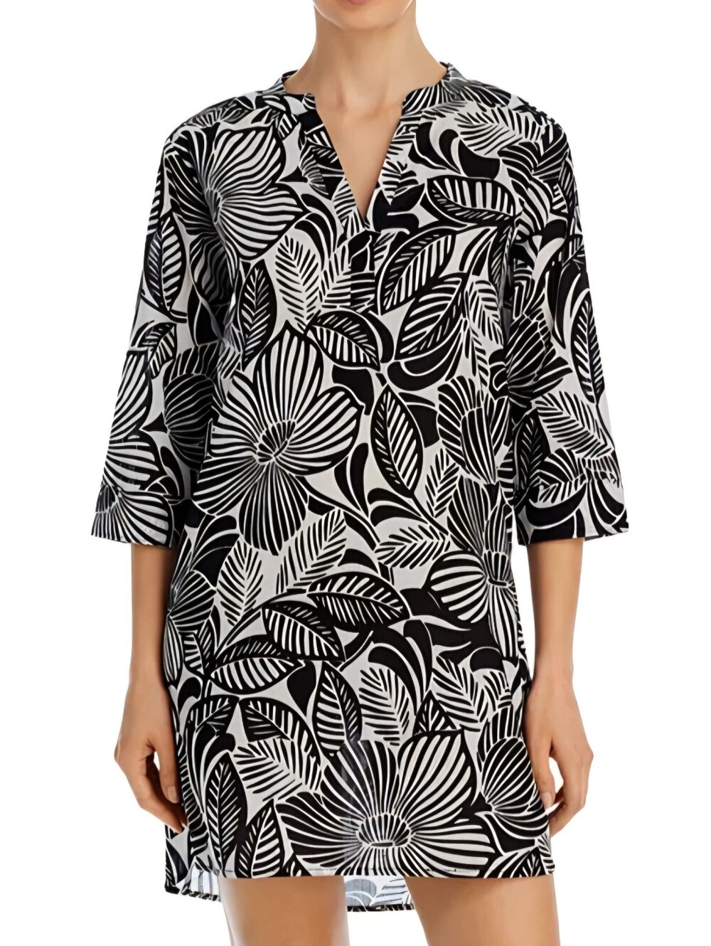 Echo Woodcut Floral Tunic Swim Cover Up V-neck Black White 100% Cotton Size L